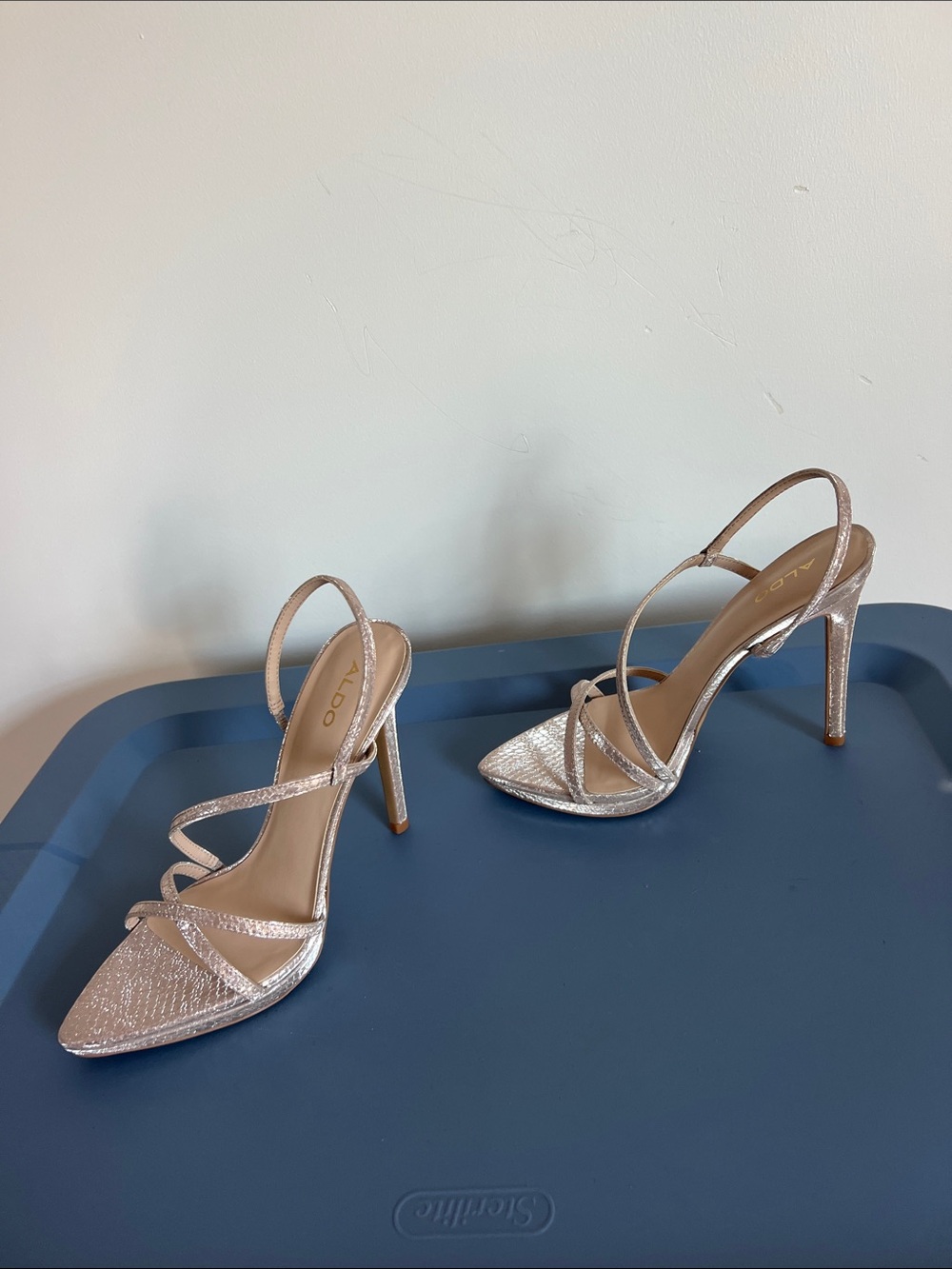 Aldo resurge shimmer stiletto open toe sandals heels strappy mock snake design 7 - Picture 9 of 10